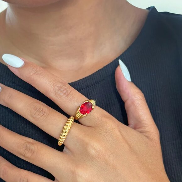 Gold Heirloom Cocktail Ring with Red Zircon Ruby - Picture 11 of 12